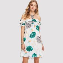Shein Off Shoulder Frill Trim Printed Dress