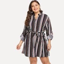 Shein Plus Choker Neck Belted Striped Dress