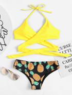 Shein Pineapple Print Wrap Self Tie Bikini Set