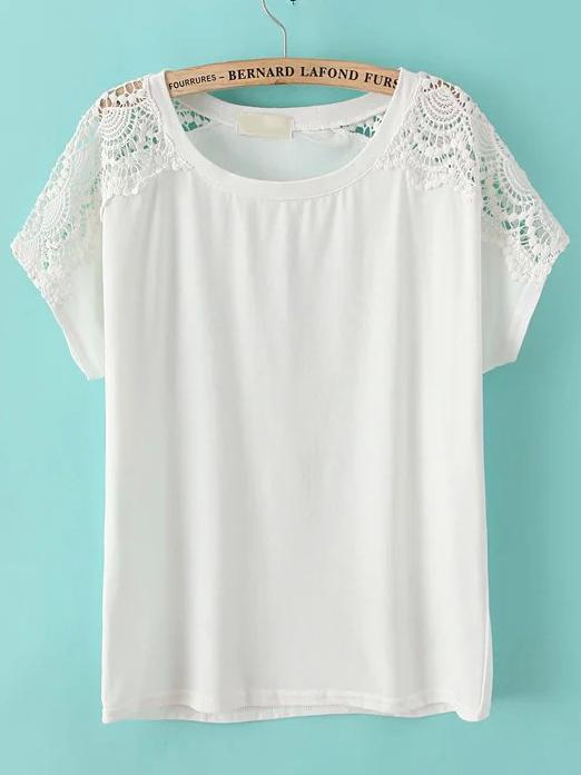 Shein White Round Neck Hollow Lace T-shirt