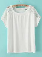 Shein White Round Neck Hollow Lace T-shirt