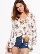 Shein White Botanical Print Lace Up V Neck Ruffle Hem Top