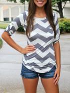 Shein Grey White Round Neck Wave Pattern T-shirt