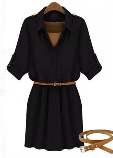 Rosewe Casual Style Long Sleeve Turndown Collar Black Dress