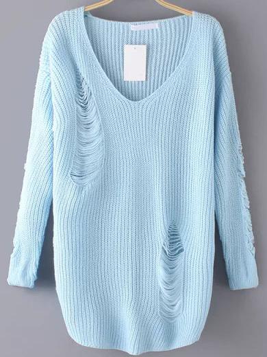 Shein Blue V Neck Ripped Sweater