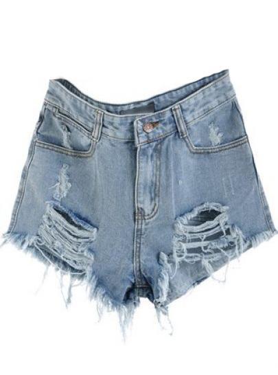 Shein Blue Mid Waist Ripped Denim Short