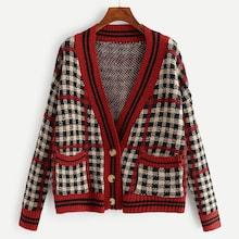Shein Plus Double Pocket Plaid Knit Coat
