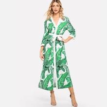 Shein Leaf Print Tie Waist Split Dress