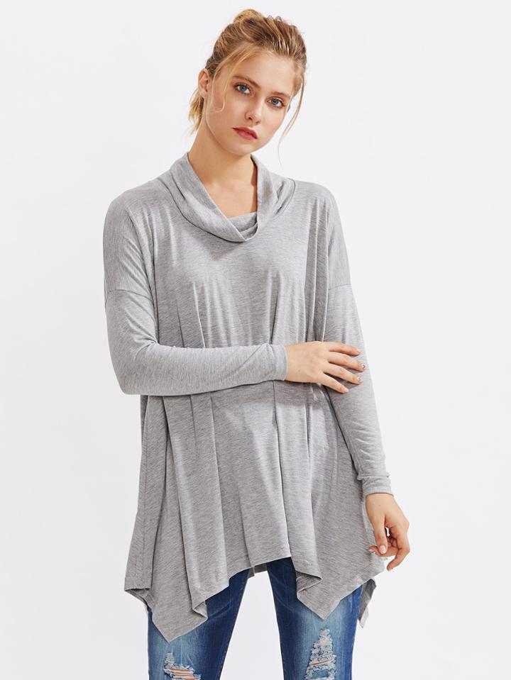 Shein Cowl Neck Drop Shoulder Hanky Hem Marled Tee