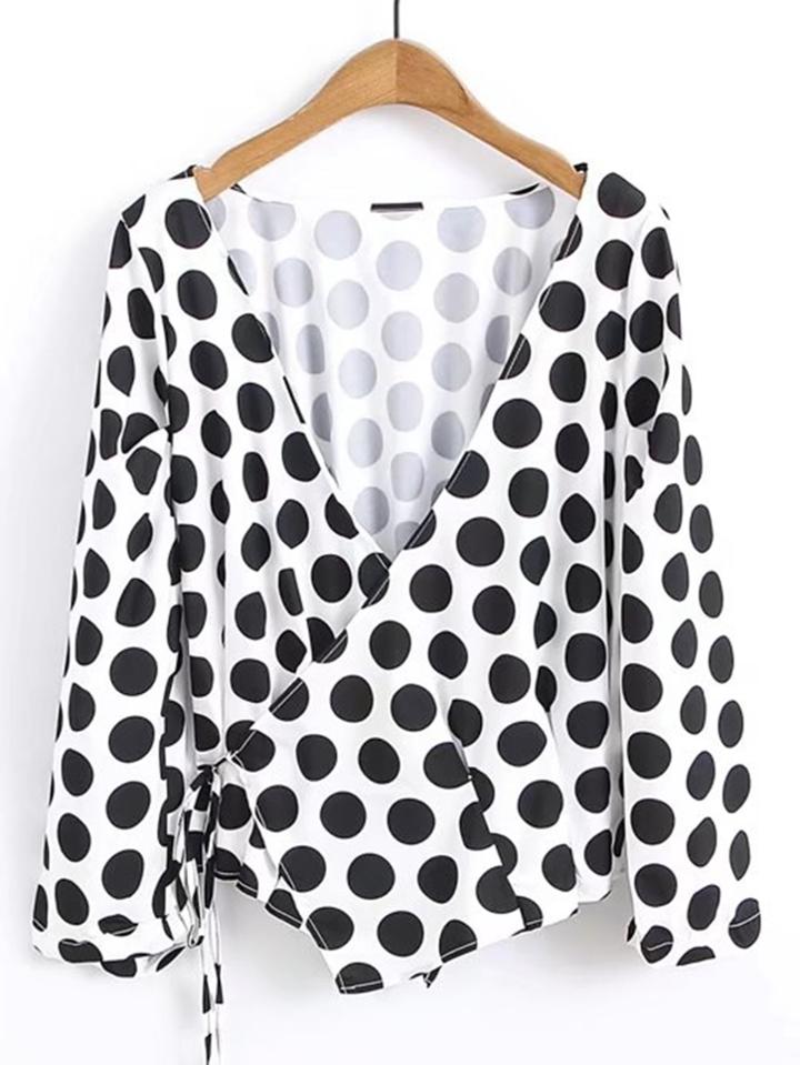 Shein Polka Dot Lace Up Detail Wrap Top