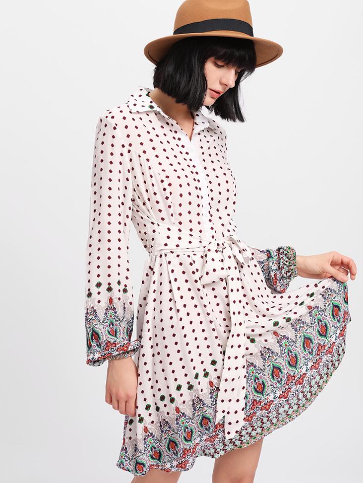 Shein Ornate Print Tie Waist Shirt Dress