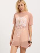 Shein Pink Print Short Sleeve Crew Neck T-shirt
