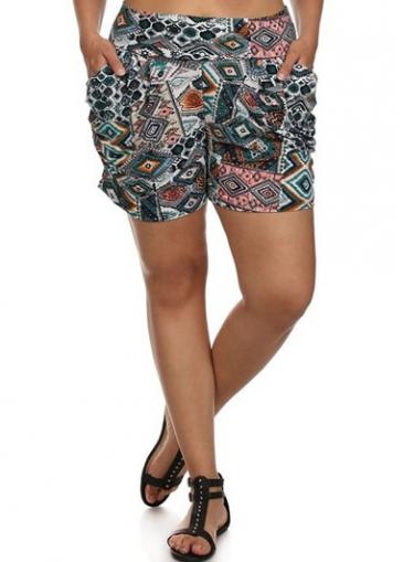 Rosewe Elastic Waist Geometric Print Pocket Embellished Shorts