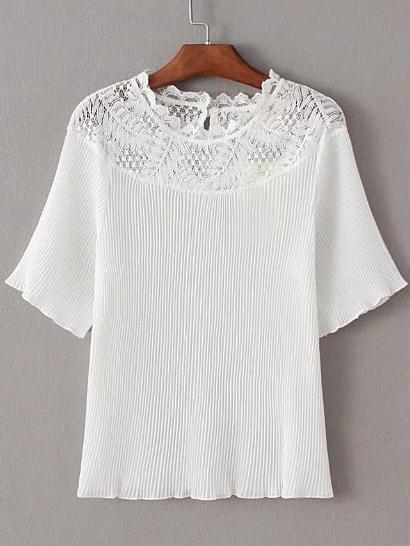 Shein White Lace Splicing Pleated Keyhole Back Short Sleeve Blouse