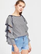 Shein Gingham Tiered Sleeve Tie Detail Blouse