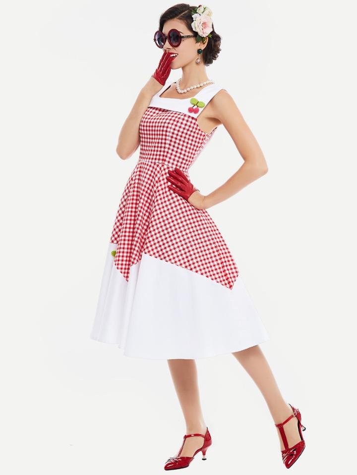 Shein Contrast Checkered Cherry Detail Flare Dress