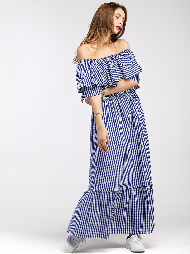 Shein Gingham Flounce Layered Tiered Bardot Dress