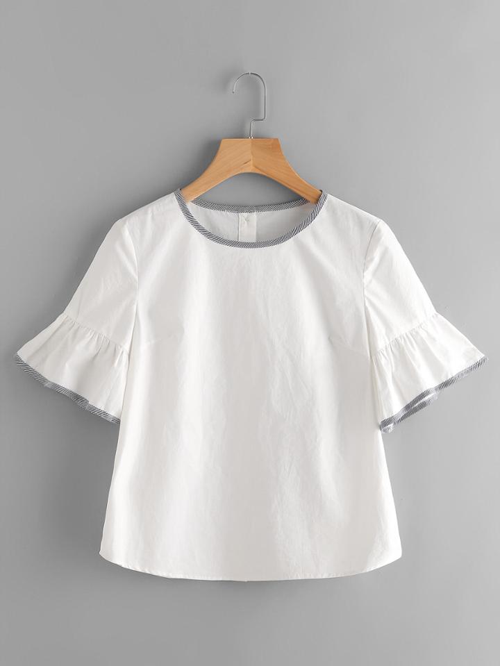 Shein Striped Binding Fluted Sleeve Button Back Top