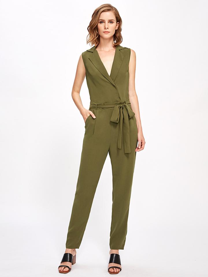 Shein Notch Collar Surplice Self Tie Tailored Jumpsuit