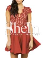 Shein Red Cap Sleeve Lace Flare Dress