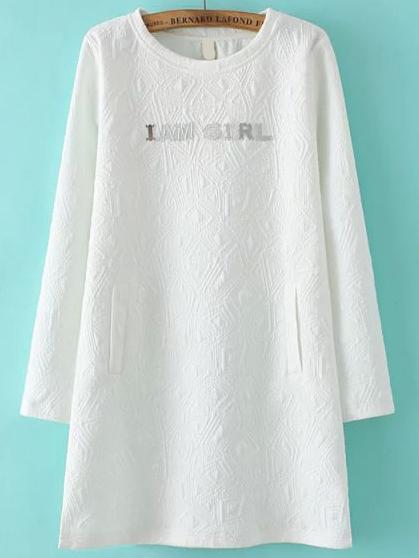 Shein White Round Neck Letters Embellished Dress