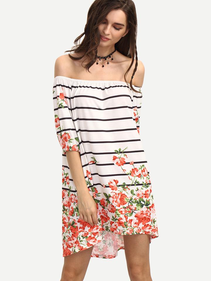 Shein Multicolor Floral Striped Off The Shoulder Asymmetrical Dress