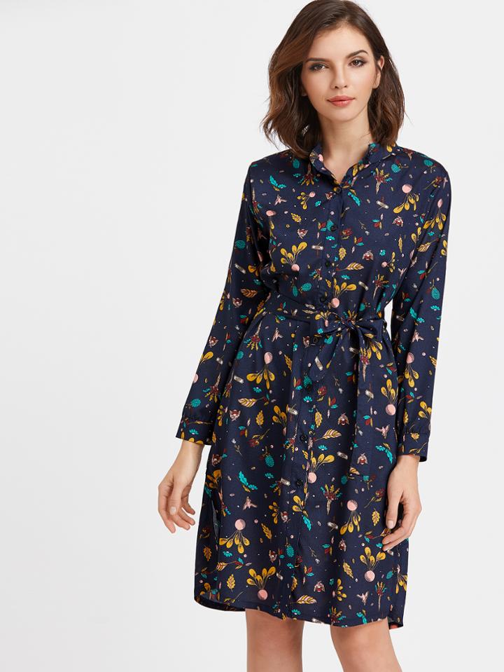 Shein Ditsy Print Self Belt Shirt Dress