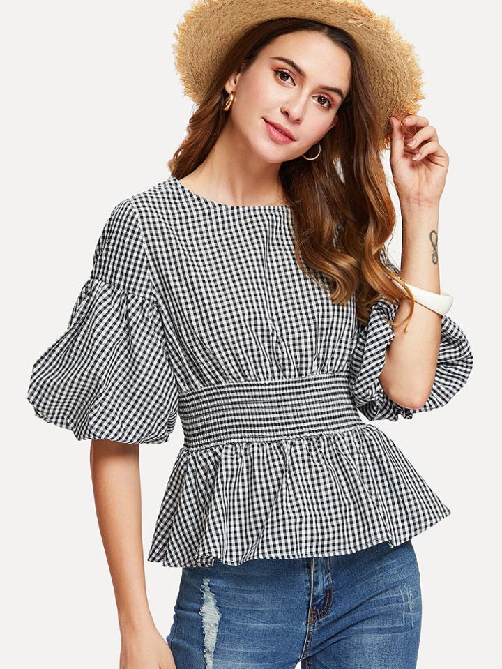 Shein Pleated Waist Ruffle Hem Checked Top
