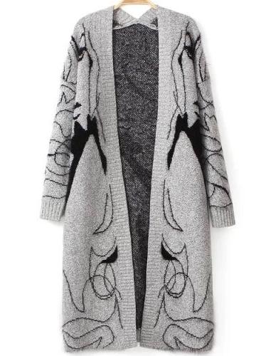 Shein Grey Long Sleeve Beauty Print Knit Cardigan
