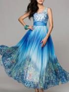 Shein Blue V Neck Floral Ombre Maxi Dress