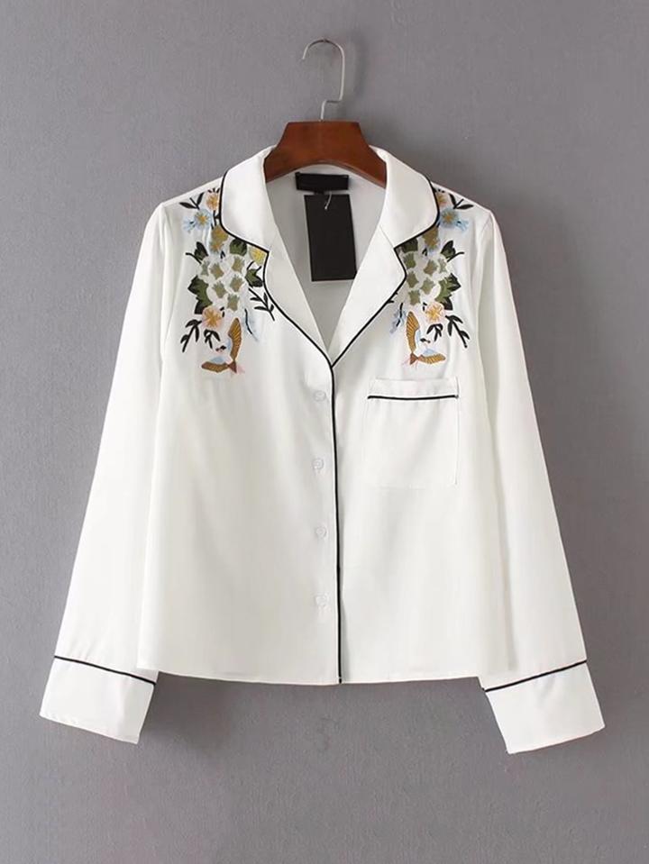 Shein Contrast Binding Flower Embroidery Blouse