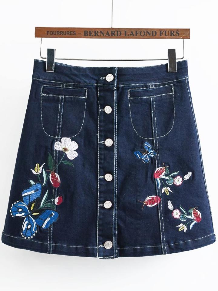 Shein Blue Embroidery Single Breasted A Line Denim Skirt