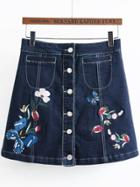 Shein Blue Embroidery Single Breasted A Line Denim Skirt