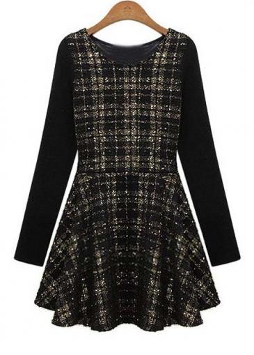 Rosewe Simple Round Neck High Waist Dress With Plaid