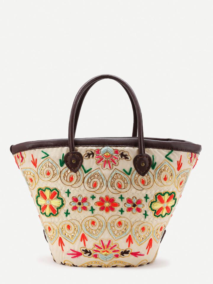 Shein Flower Pattern Straw Bag With Faux Leather Handle