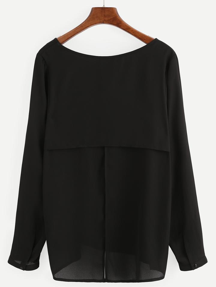 Shein Black Split Back Long Sleeve Blouse
