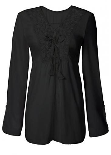 Rosewe Flare Sleeve Black Lace Up Loose Blouse