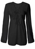 Rosewe Flare Sleeve Black Lace Up Loose Blouse