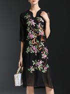 Shein Black V Neck Flowers Embroidered Shift Dress