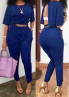 Rosewe Cobalt Blue Round Neck Backless Jumpsuit