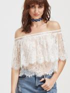 Shein White Off The Shoulder Sheer Floral Lace Cape Top