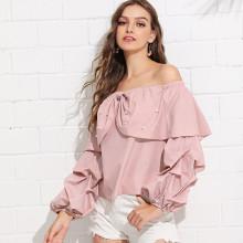 Shein Gathered Sleeve Pearl Beaded Ruffle Top