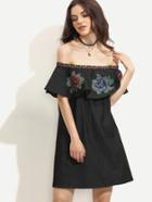 Shein Black Embroidered Ruffle Off The Shoulder Dress