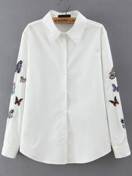 Shein White Long Sleeve Butterfly Embroidered Blouse