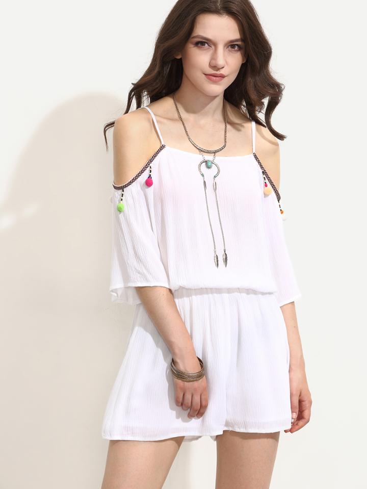 Shein White Spaghetti Strap Pom-pom Trim Jumpsuit