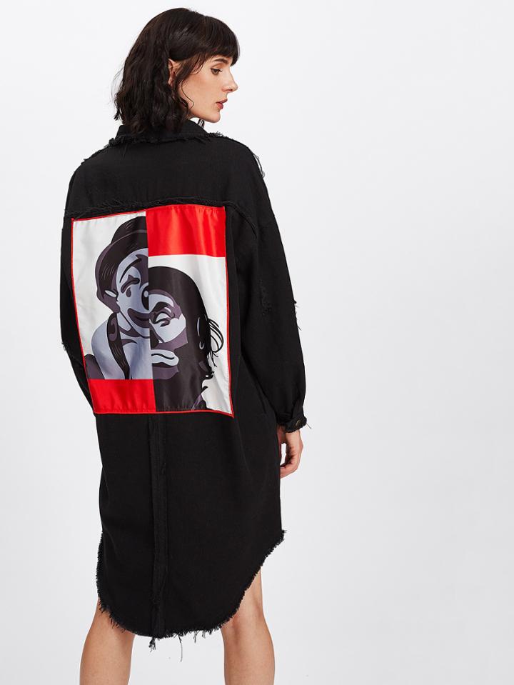 Shein Figure Print Frayed Hem Ripped Denim Coat