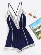 Shein Lace Trim Criss Cross Open Back Cami Romper