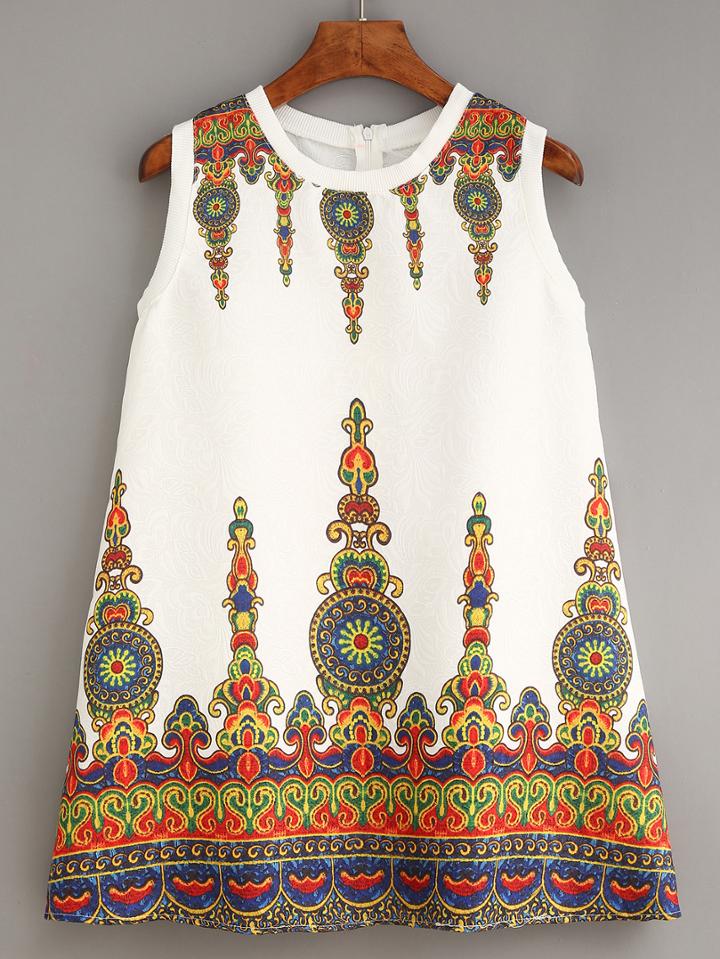 Shein Ribbed Trim Vintage Print Sleeveless Top - White