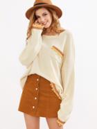 Shein Apricot Pocket Front Oversized Sweater With Embroidered Tape Detail