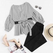 Shein Drop Shoulder Bow Tie Front Stripe Blouse
